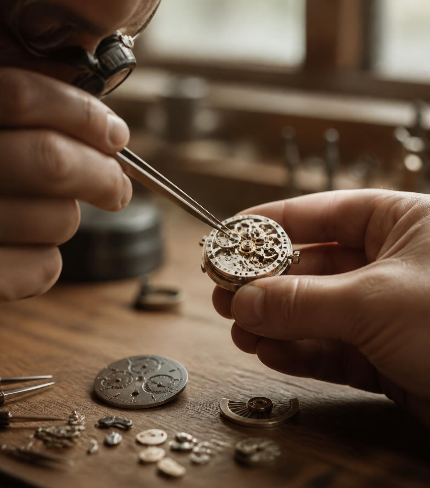 Uhrmacher setzt ein feines mechanisches Uhrwerk zusammen